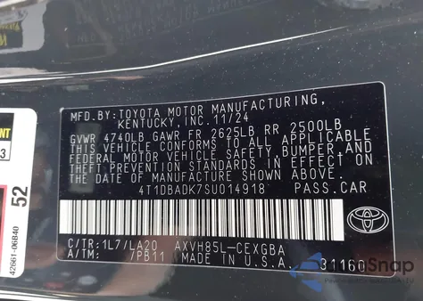 2025 Toyota Camry Xle from USA, damaged, VIN 4T1DBADK7SU014918